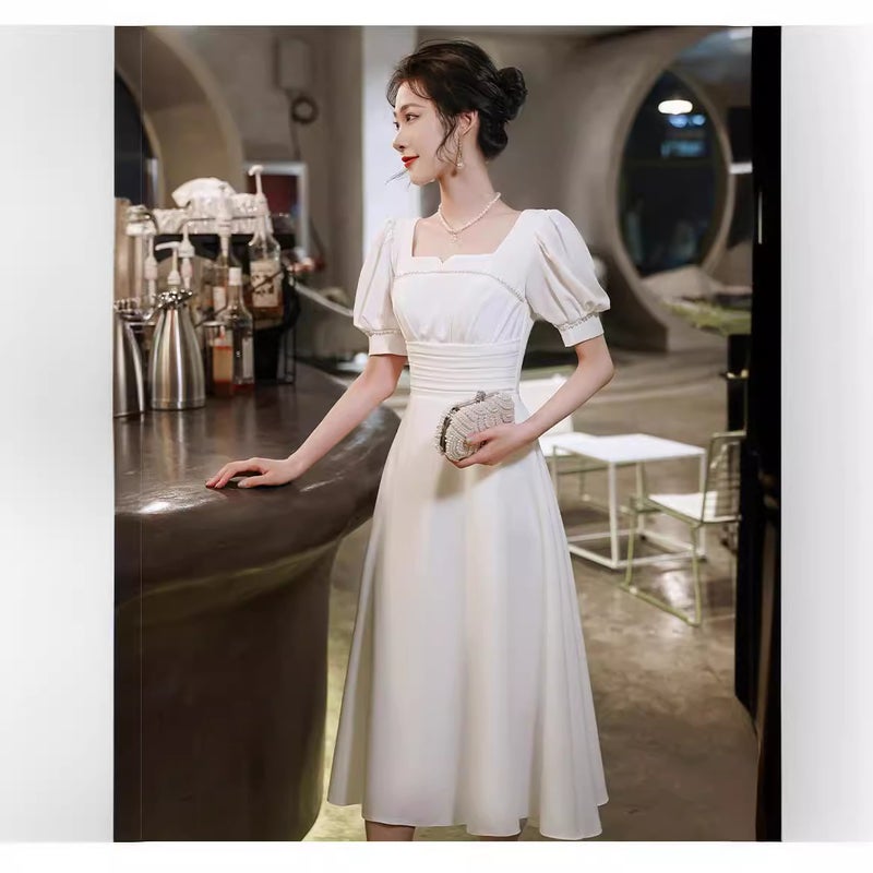 French White Certificate Registration Dress Can Be Worn At Ordinary Times In Summer Slimming Look Puff Sleeves Square Collar Mid-Length Dress - Image 2